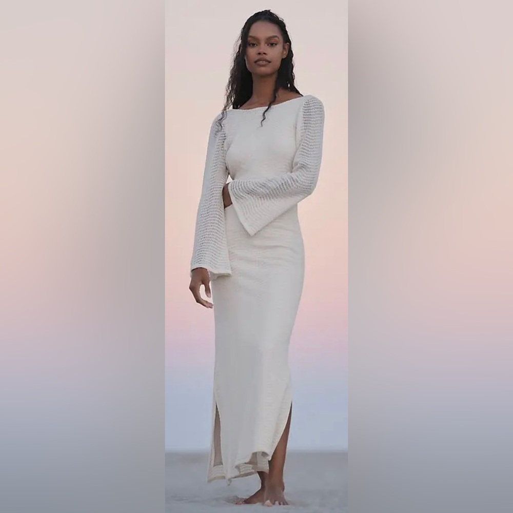 NWOT Palmacea Rue Long-Sleeve Open-Back Maxi Dress with pearls draped in back.